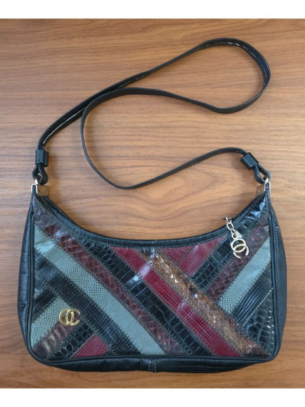 70s Oleg Cassini Patchwork Snakeskin Exotic Reptile Skin Leather Shoulder Bag